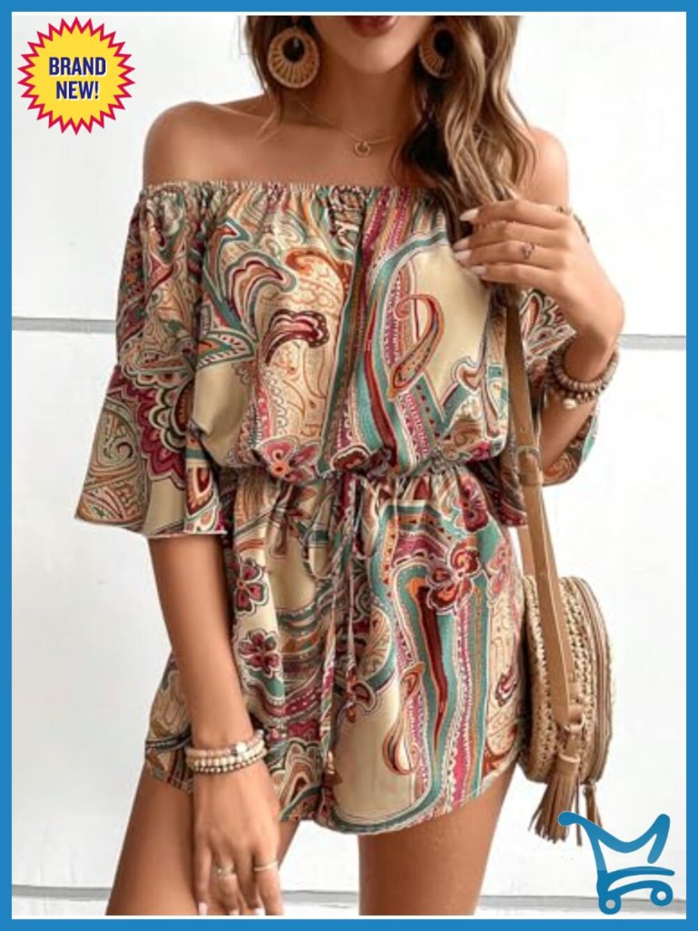 Women's Off The Shoulder Romper Boho Elastic Waist Shorts Jumpsuit Dressy - Picture 3 of 5